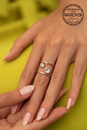 Swarovski Taşlı Çift Taş Model Rose Kaplama Gümüş Zirconia Yüzük