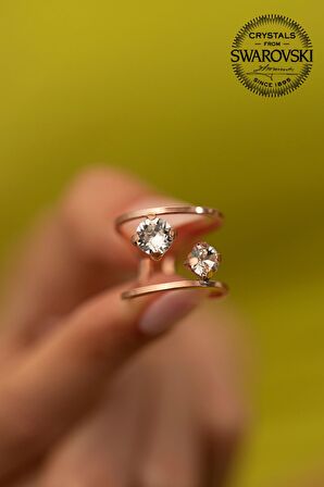 Swarovski Taşlı Çift Taş Model Rose Kaplama Gümüş Zirconia Yüzük