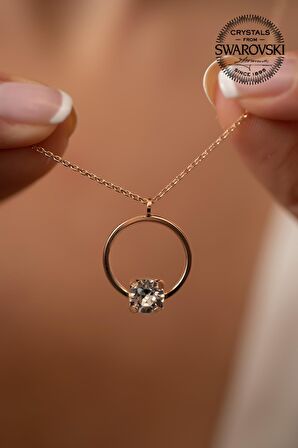 Swarovski Taşlı Halka ve Tektaş Model Rose Kaplama Gümüş Crystal Kolye