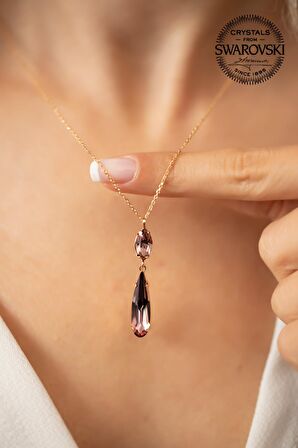 Swarovski Taşlı Mekik ve Damla Model Rose Kaplama Gümüş Crystal Kolye