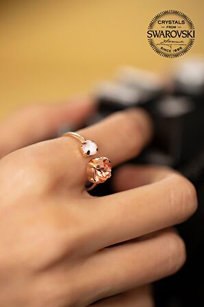 Swarovski Taşlı Çift Taş Model Rose Kaplama Gümüş Crystal Yüzük