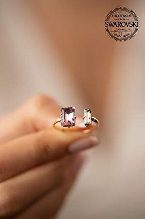 Swarovski Taşlı Baget Model Rose Kaplama Gümüş Crystal Yüzük