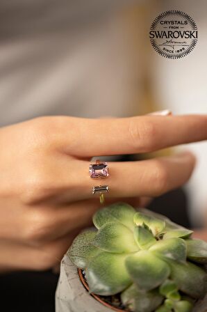 Swarovski Taşlı Baget Model Rose Kaplama Gümüş Crystal Yüzük