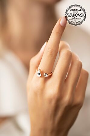 Swarovski Taşlı Damla ve Tektaş Model Rose Kaplama Gümüş Crystal Yüzük