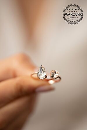 Swarovski Taşlı Damla ve Tektaş Model Rose Kaplama Gümüş Crystal Yüzük
