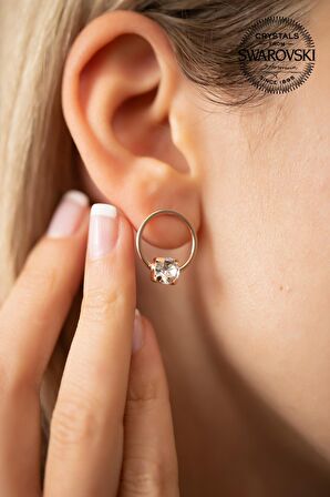 Swarovski Taşlı Halka ve Tektaş Model Rose Kaplama Gümüş Crystal Küpe