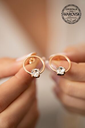 Swarovski Taşlı Halka ve Tektaş Model Rose Kaplama Gümüş Crystal Küpe