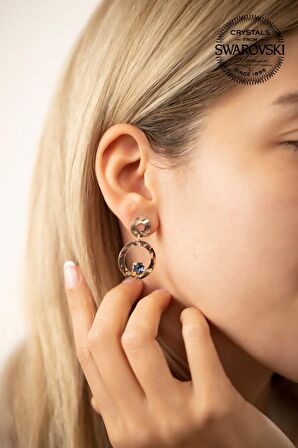 Swarovski Taşlı Çift Halka Model Rose Kaplama Gümüş Crystal Küpe