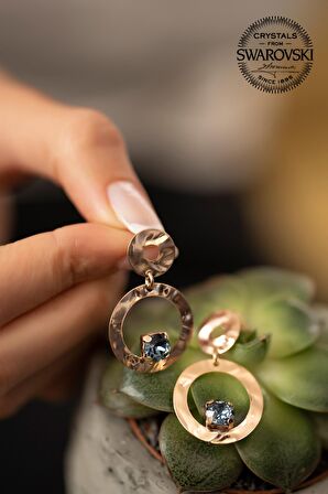 Swarovski Taşlı Çift Halka Model Rose Kaplama Gümüş Crystal Küpe