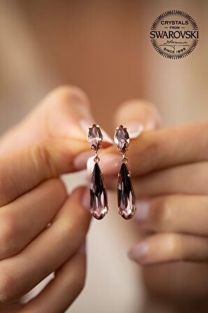 Swarovski Taşlı Damla ve Mekik Model Rose Kaplama Gümüş Crystal Küpe