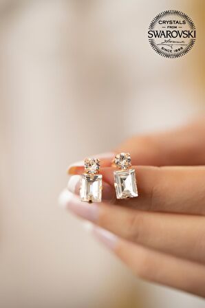 Swarovski Taşlı Tektaş ve Baget Model Rose Kaplama Gümüş Crystal Küpe
