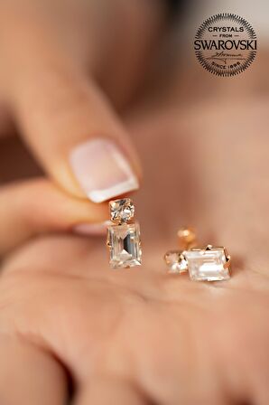 Swarovski Taşlı Tektaş ve Baget Model Rose Kaplama Gümüş Crystal Küpe