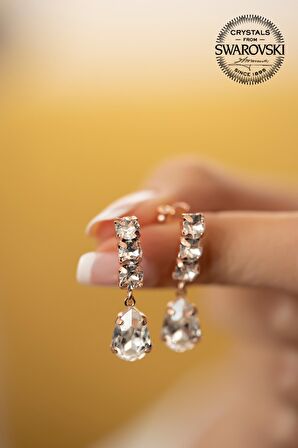 Swarovski Taşlı Üçtaş ve Damla Model Rose Gümüş Crystal Küpe