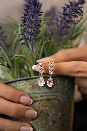 Swarovski Taşlı Üçtaş ve Damla Model Rose Gümüş Crystal Küpe