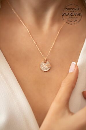Swarovski Taşlı Yuvarlak ve Kalp Model Rose Kaplama Gümüş Zirconia Kolye