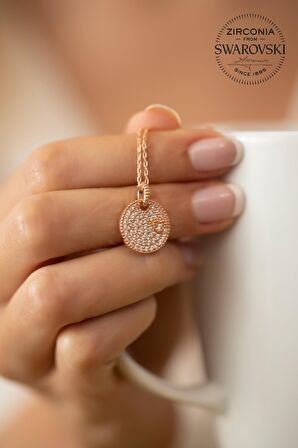 Swarovski Taşlı Yuvarlak ve Kalp Model Rose Kaplama Gümüş Zirconia Kolye