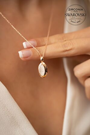Swarovski Taşlı Oval Model Rose Kaplama Gümüş Zirconia Kolye