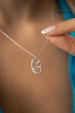 Swarovski Taşlı Çift Kalp Model Kaplama Gümüş Zirconia Kolye
