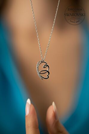 Swarovski Taşlı Çift Kalp Model Kaplama Gümüş Zirconia Kolye