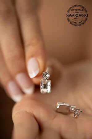 Swarovski Taşlı Tektaş ve Dikdörtgen Model Gümüş Crystal Küpe