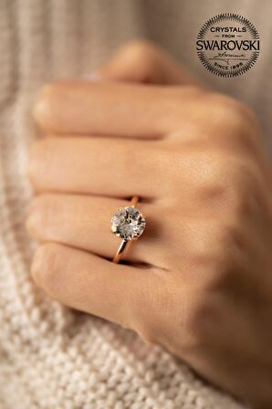 Swarovski Taşlı Tektaş Model Rose Kaplama Gümüş Crystal Yüzük