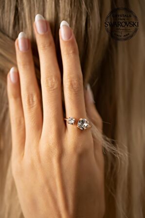 Swarovski Taşlı Çift Taş Model Rose Kaplama Gümüş Crystal Yüzük