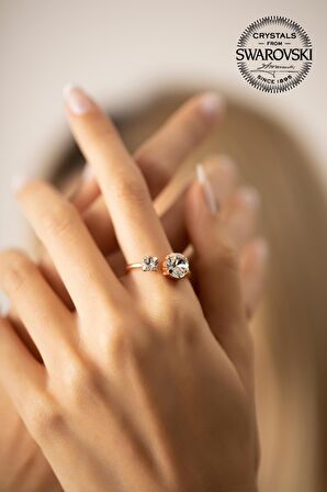 Swarovski Taşlı Çift Taş Model Rose Kaplama Gümüş Crystal Yüzük