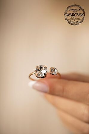 Swarovski Taşlı Çift Taş Model Rose Kaplama Gümüş Crystal Yüzük