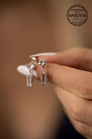 Swarovski Taşlı Çubuk ve Tektaş Model Rose Kaplama Gümüş Crystal Küpe