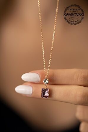 Swarovski Taşlı Tektaş ve Baget Model Rose Kaplama Gümüş Crystal Kolye