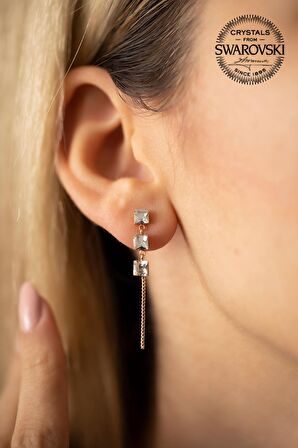 Swarovski Taşlı Üç Taş Model Rose Kaplama Gümüş Crystal Küpe