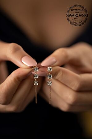 Swarovski Taşlı Üç Taş Model Rose Kaplama Gümüş Crystal Küpe