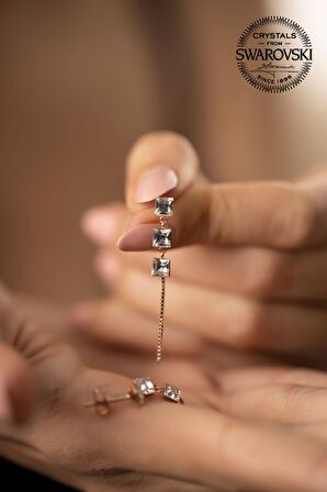 Swarovski Taşlı Üç Taş Model Rose Kaplama Gümüş Crystal Küpe