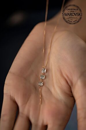 Swarovski Taşlı Üç Taş Model Rose Kaplama Gümüş Crystal Kolye