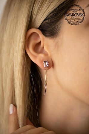 Swarovski Taşlı Baget ve Sallantılı Model Rose Kaplama Gümüş Crystal Küpe