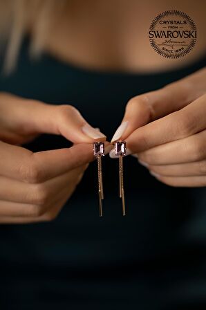 Swarovski Taşlı Baget ve Sallantılı Model Rose Kaplama Gümüş Crystal Küpe