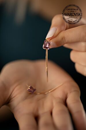 Swarovski Taşlı Baget ve Sallantılı Model Rose Kaplama Gümüş Crystal Küpe