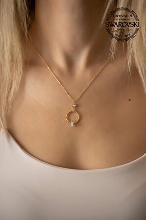 Swarovski Taşlı Halka ve Çubuk Model Altın Kaplama Gümüş Crystal Kolye