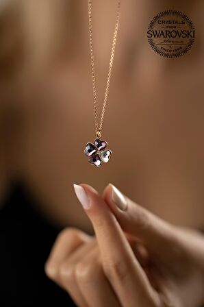 Swarovski Taşlı Yonca Model Rose Kaplama Gümüş Crystal Kolye