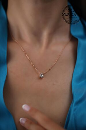Swarovski Taşlı Tektaş Model Rose Kaplama Gümüş Crystal Kolye