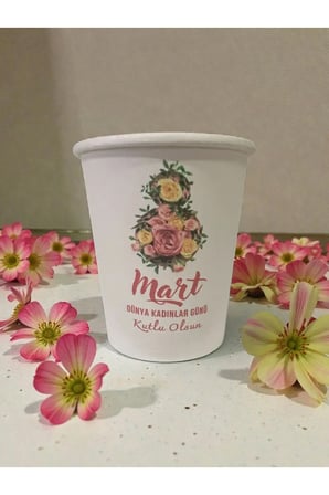 8 Mart Kadınlar Günü desenli Tek kullanımlık 7 Oz 50 Adet Üreticiden Karton Bardak