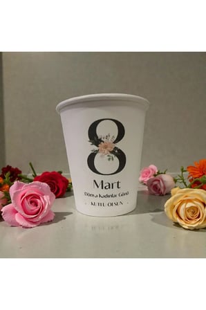8 Mart Kadınlar Günü desenli Tek kullanımlık 7 Oz 50 Adet Üreticiden Karton Bardak