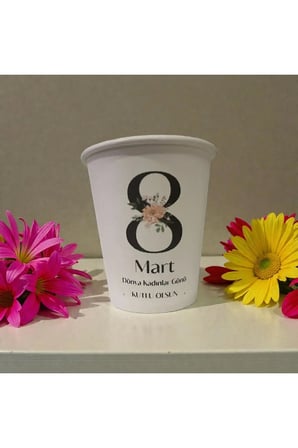 8 Mart Kadınlar Günü desenli Tek kullanımlık 7 Oz 50 Adet Üreticiden Karton Bardak