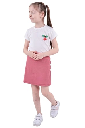 Kız Çocuk T-shirt Yakası Dantelli Kiraz Ve Düğme Detaylı Şort Etek Bluz Yazlık Ikili Takım — Gül kurusu