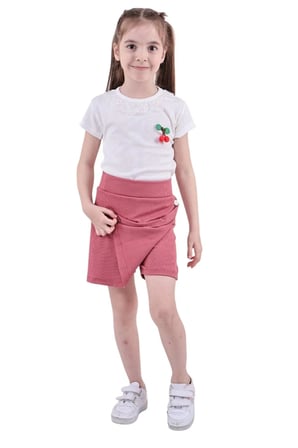 Kız Çocuk T-shirt Yakası Dantelli Kiraz Ve Düğme Detaylı Şort Etek Bluz Yazlık Ikili Takım — Gül kurusu