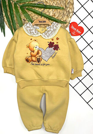 Kız Bebek Ayıcık Kalpli Bebe Yaka Şardonlu Alt-Üst Takım