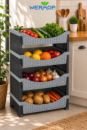 4 Katlı Rattan Görünümlü Plastik Sebzelik Bej Mutfak Organizer Raf