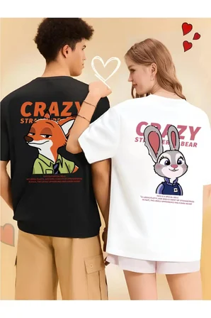 Sevgili Kombini Crazy Animal Baskılı Çift Tişört Oversize Unisex Çift Kombin Karikatür Çift Set