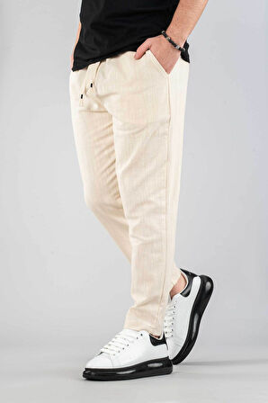 Erkek Jogger Keten Pantolon Beli Lastikli İpli Pamuklu Rahat Boyfriend Pantolon