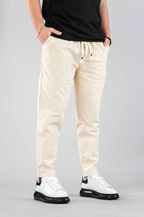 Erkek Jogger Keten Pantolon Beli Lastikli İpli Pamuklu Rahat Boyfriend Pantolon